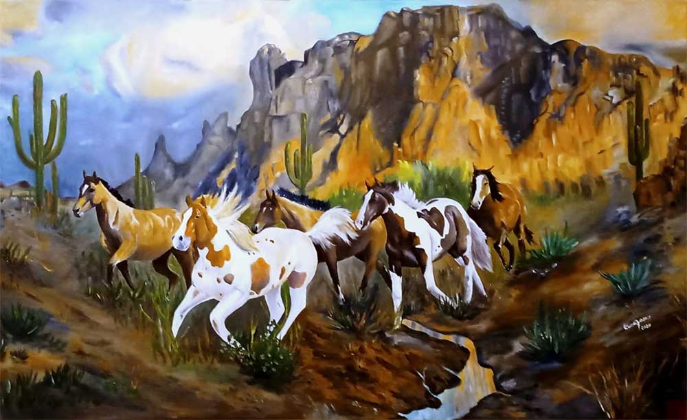 Libertatea cailor salbatici - pictura în ulei pe pânza (pensula) - 80 x 130 cm Libertatea cailor salbatici - pictura în ulei pe pânza (pensula) - 80 x 130 cm