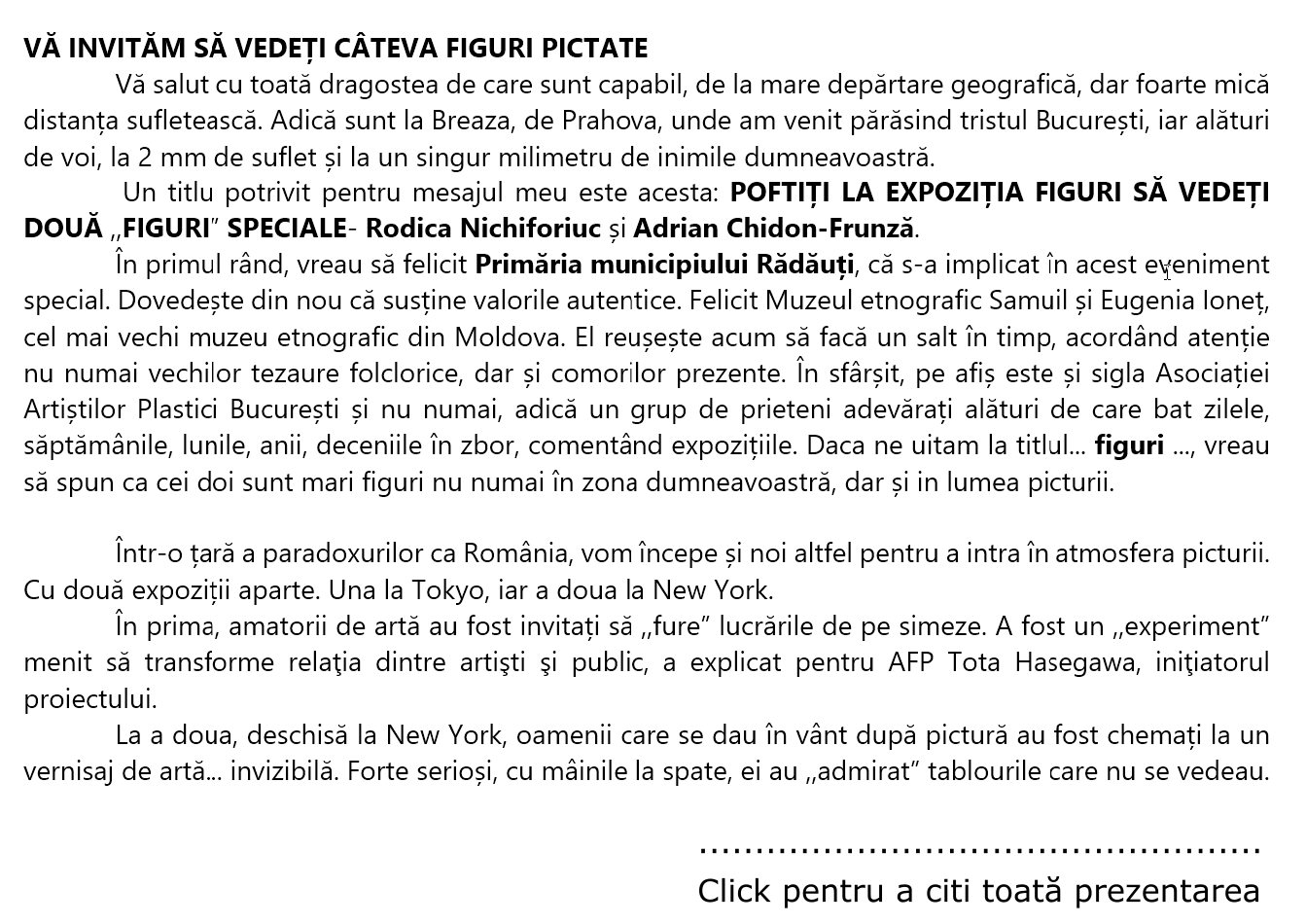 Prezentare: Aristotel Bunescu (ziarist) la vernisajul expoziţiei „Figuri”  de la Galeria de arta Rădăuţi. Expun: Adrian Chidon Frunză & Rodica Nichiforiuc - (octombrie 2020)